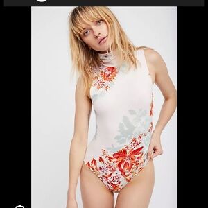 Free People Cream Floral High-Neck Bodysuit